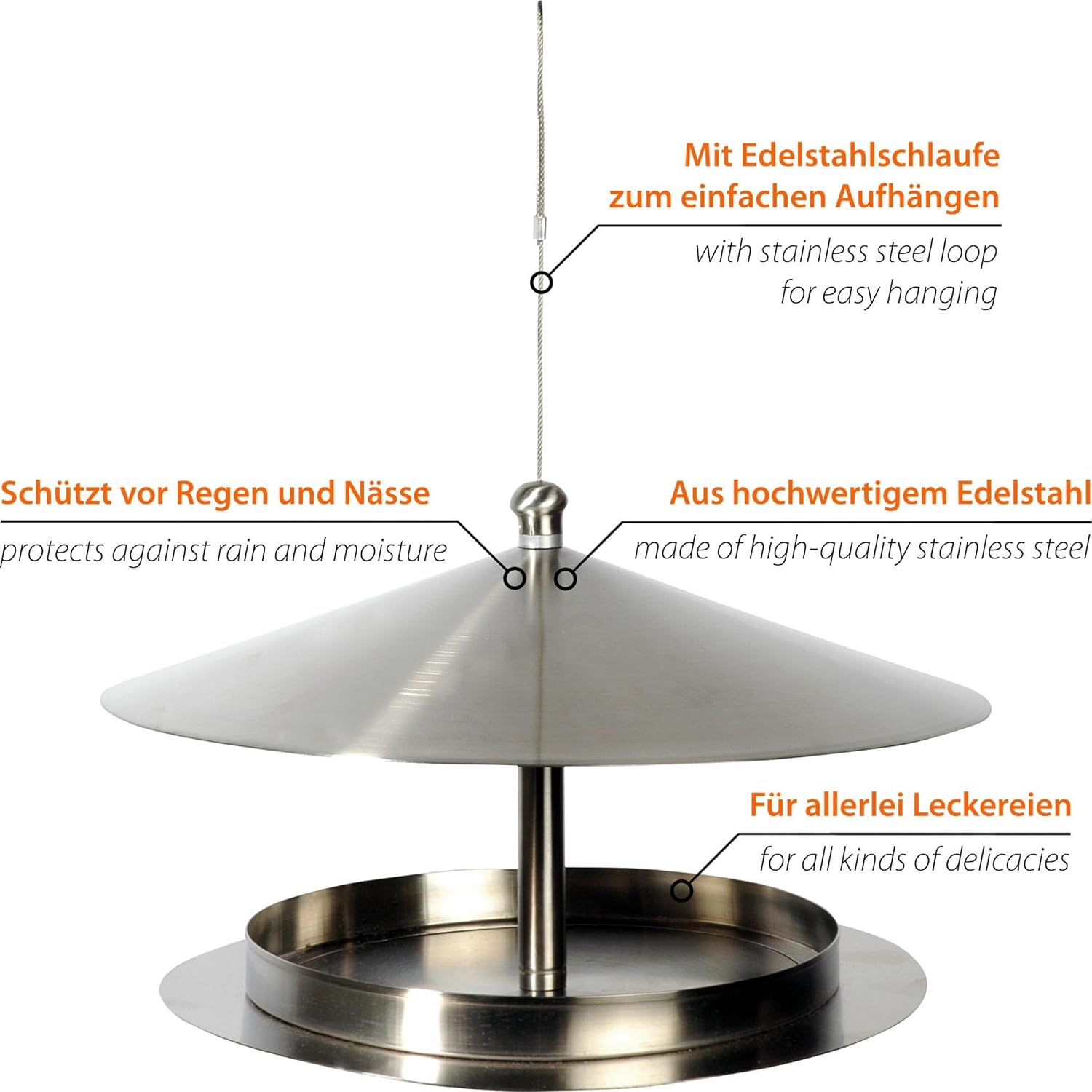 Dobar Luxus-Vogelhaus Rundes Design-Futterhaus "Silberglanz" aus Edelstahl mit Draht zum Aufhängen Silber