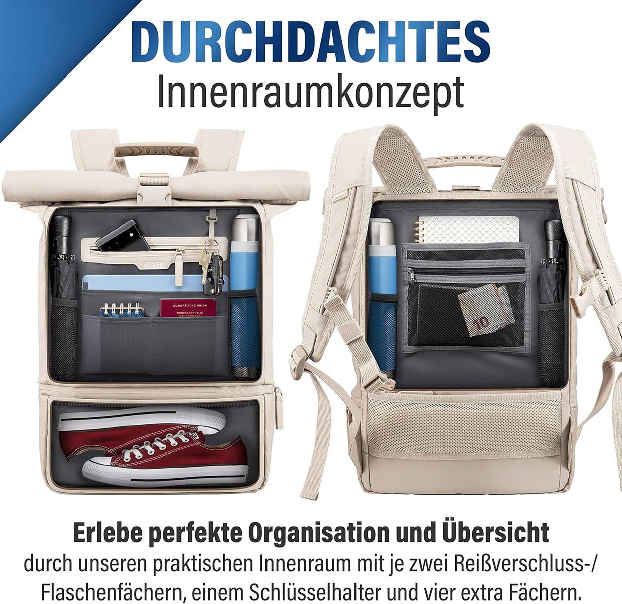 Heaver Rolltop Rucksack Damen & Herren mit Laptopfach Rollrucksack Daypack creme