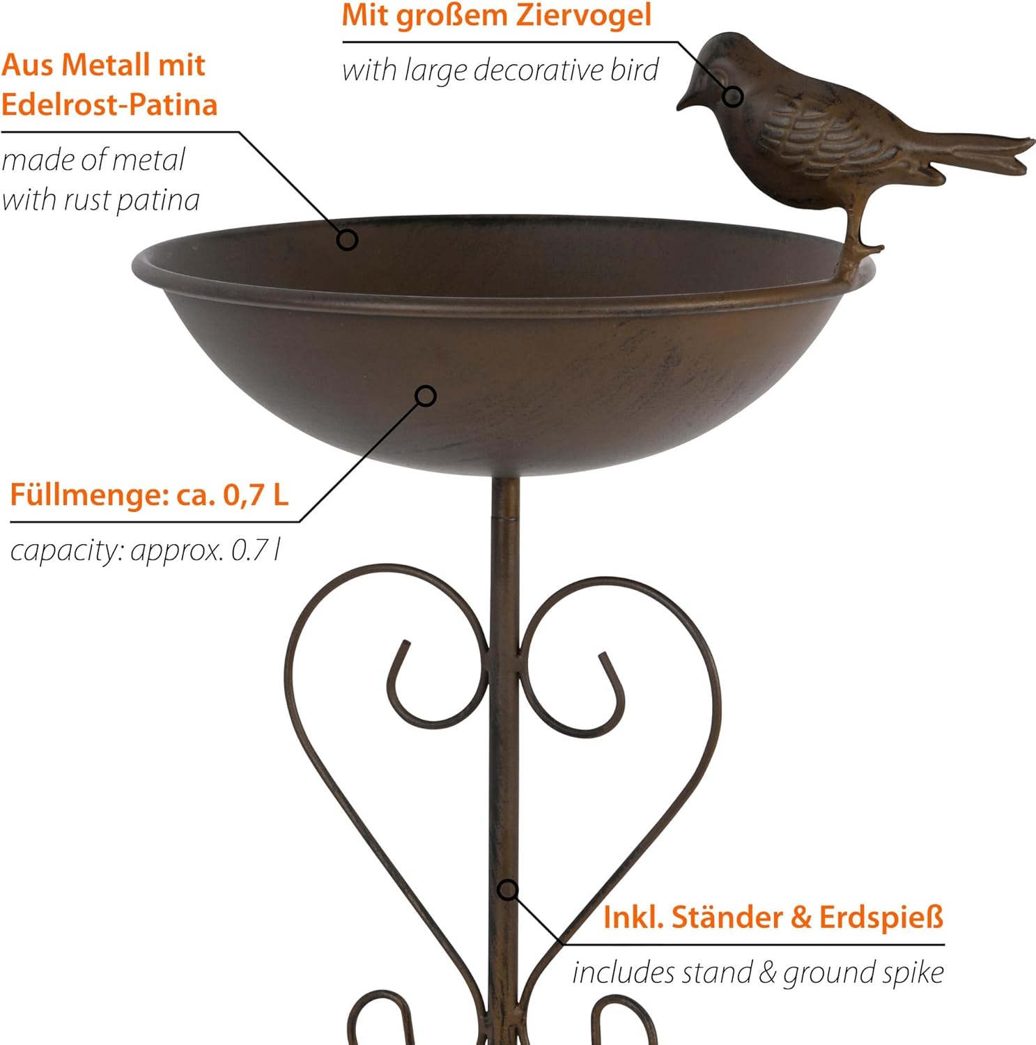 Metall, Vogelbrunnen, Schale, Standfuß, Rustpatina