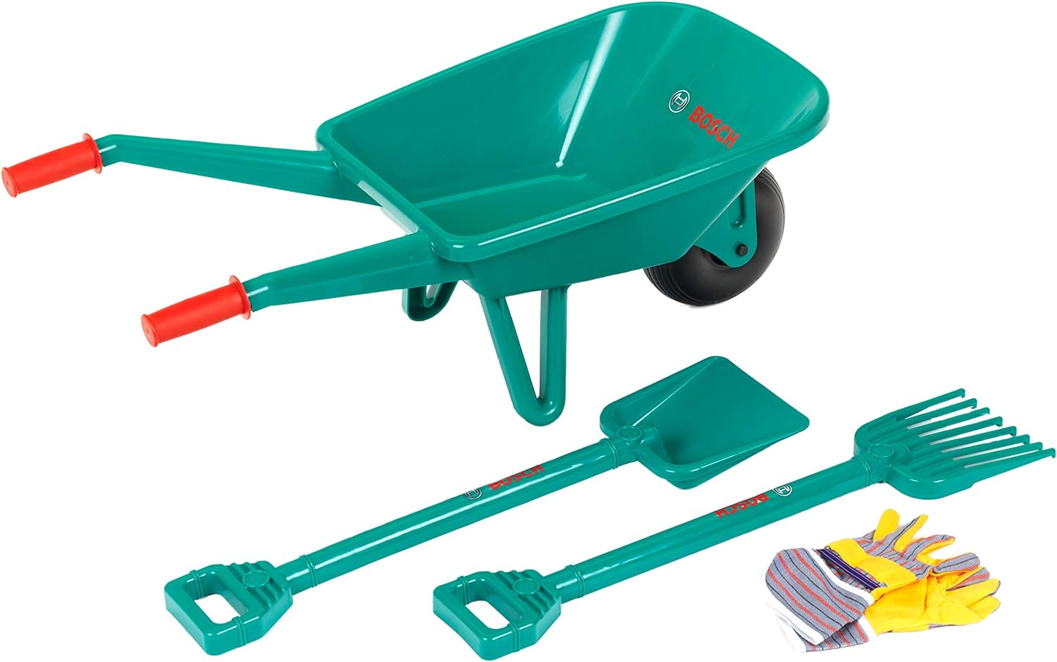 Klein Theo 2752 Bosch Gartenset mit Schubkarre Schaufel Rechen und Arbeitshandschuhen Spielzeug für Kinder