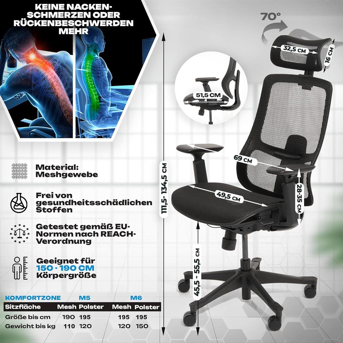 VALKENSTOL M5 Ergonomischer Bürostuhl 150 kg Schreibtischstuhl schwarz Mesh
