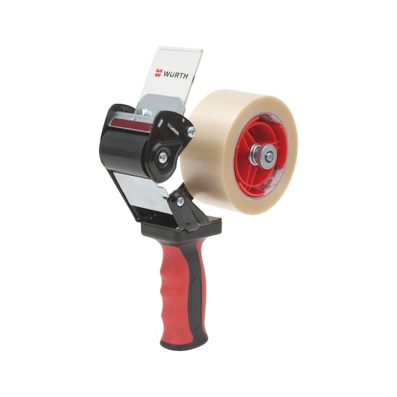 Handabroller, Klebebandabroller, roter Griff, Kunststoffgehäuse, Packband