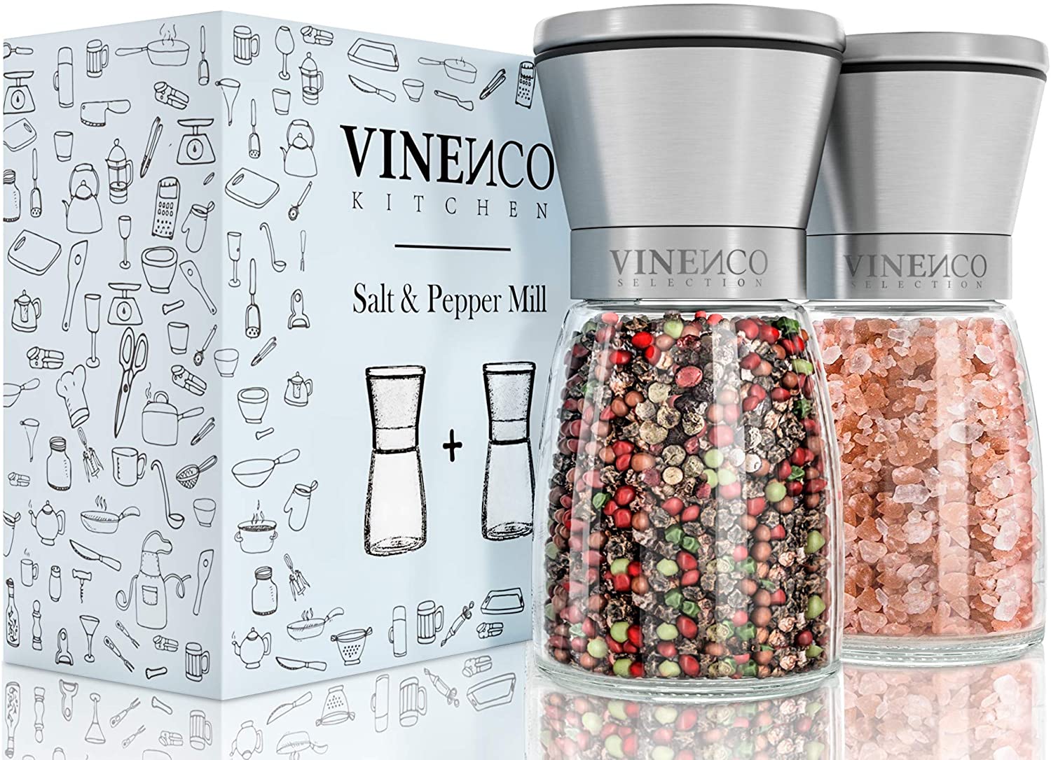 VINENCO Salz und Pfeffermühle 2er Set mit Keramikmahlwerk
