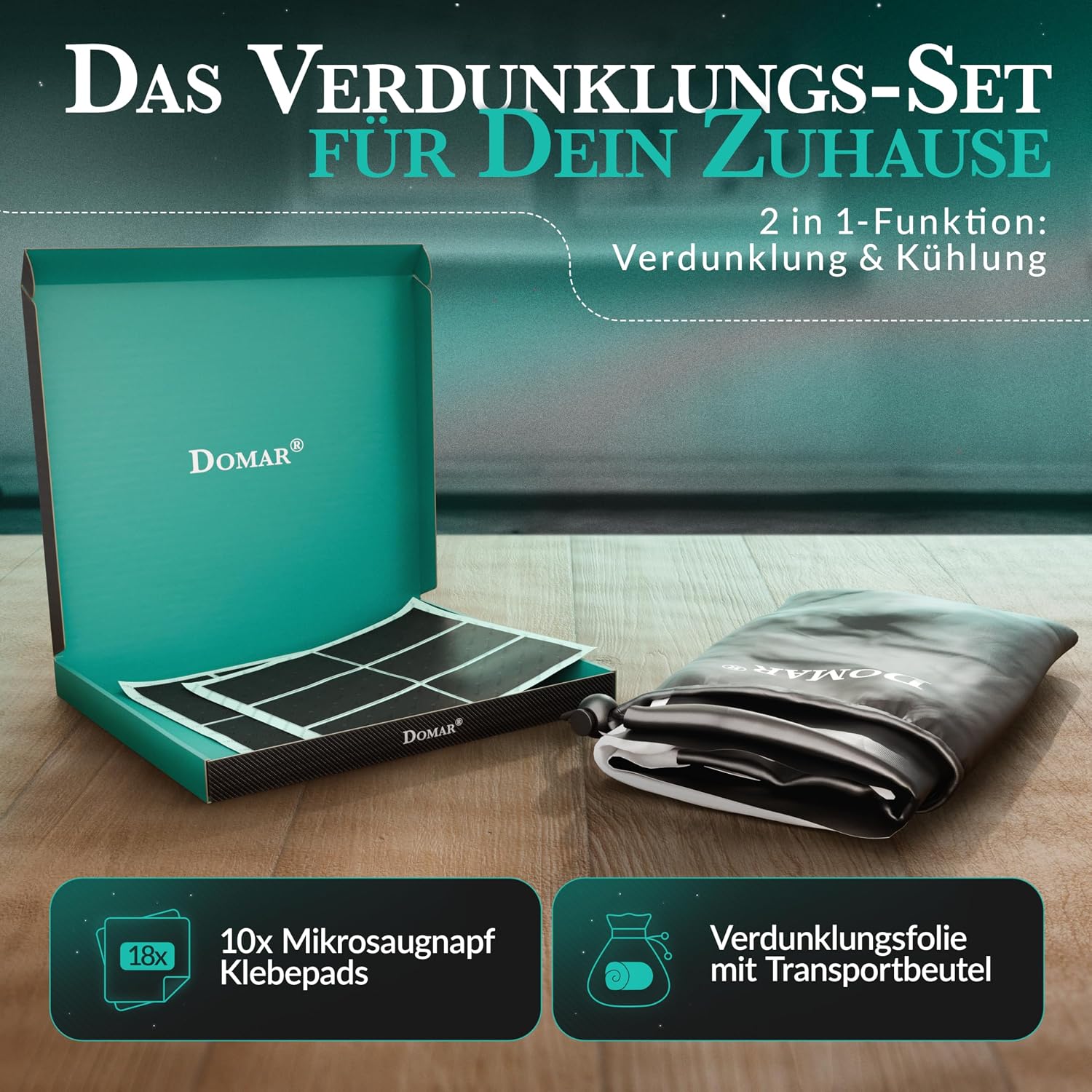 Verdunkelungsfolie, Kühlfolie, Mikrosaugnapf-Klebepads, Transportbeutel, Schwarz