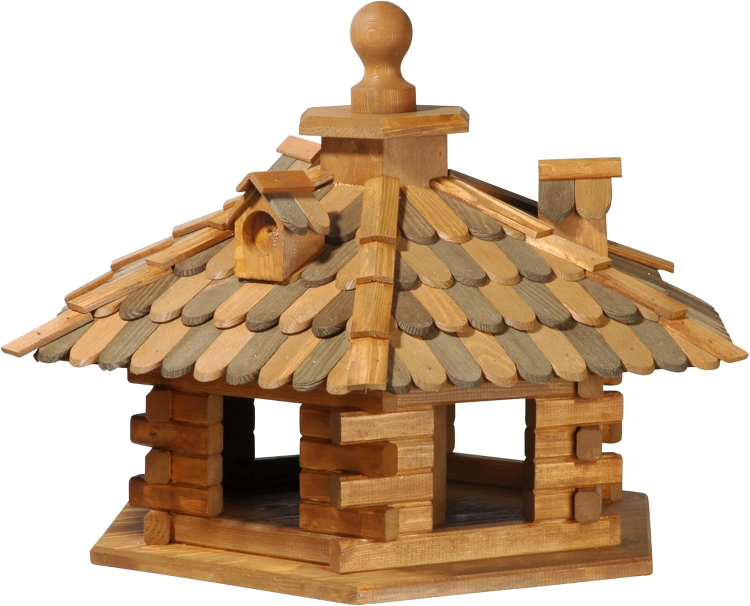 dobar Vogelfutterhaus Holzschindeldach 6-eckig Vogelhaus aus Massivholz XL Vogelfutterstation mit Futtersilo 6-eckige Vogelvilla  68 x 59 x 46 cm Braun DH191