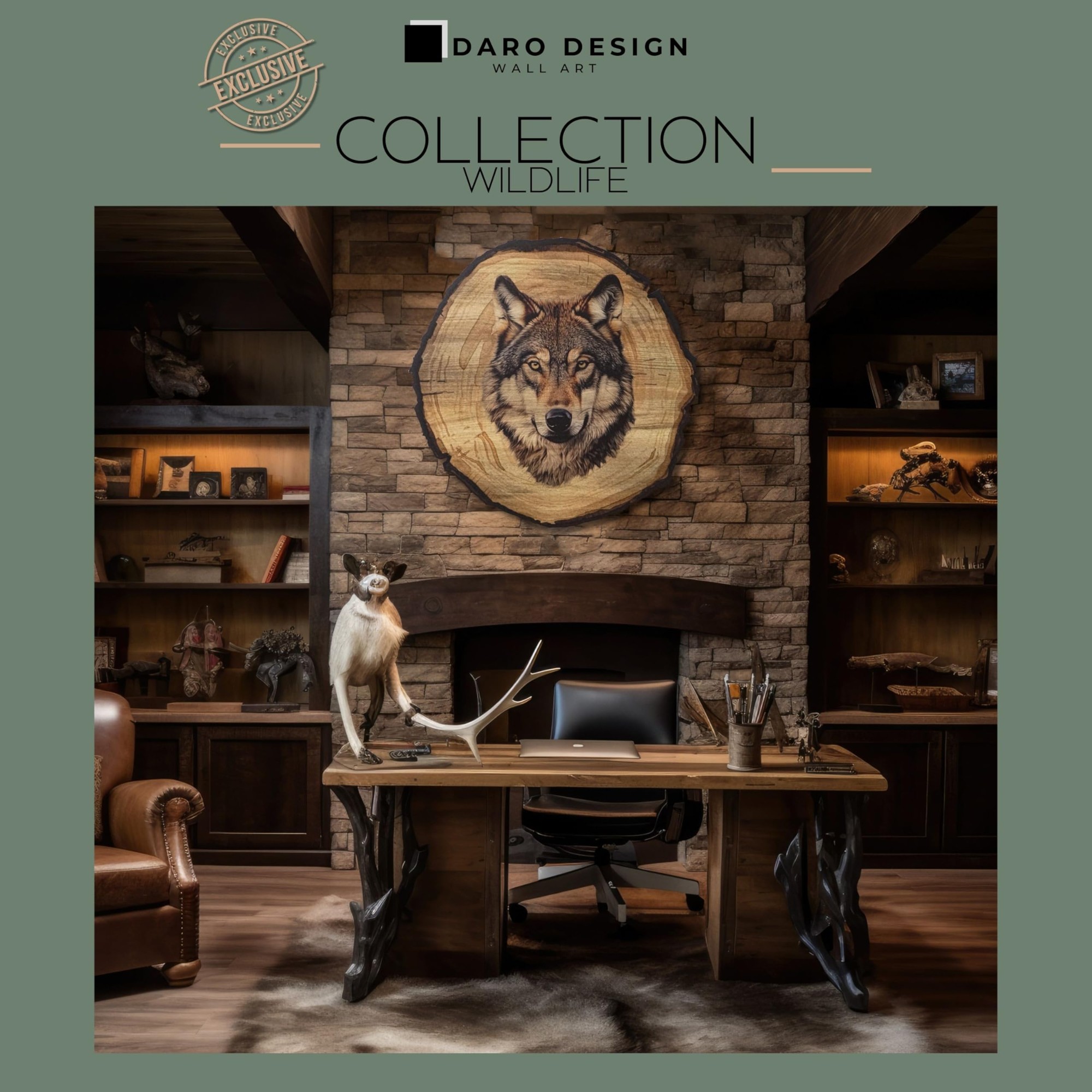 Wandbild, Wolfsmotiv, Holzoptik, Rund, Wildtier