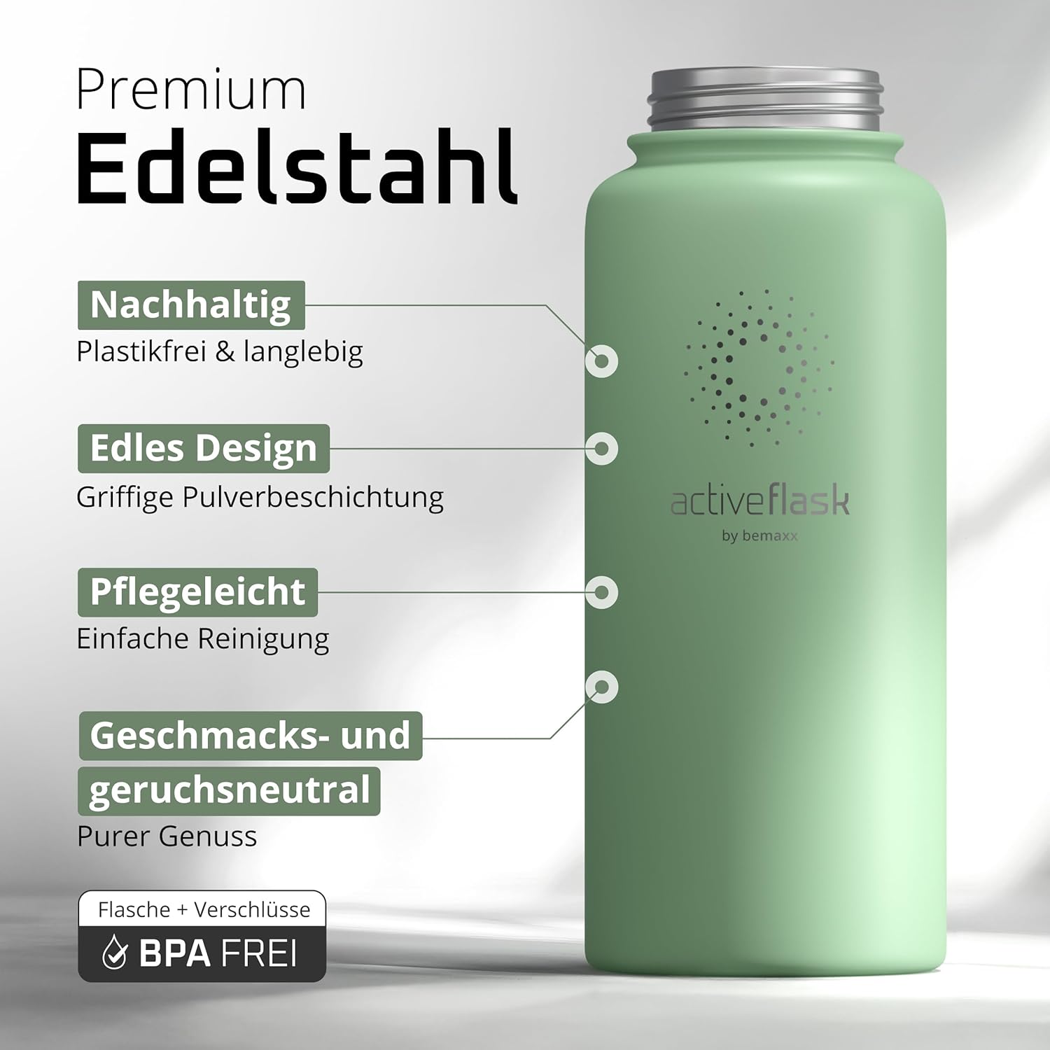BeMaxx Trinkflasche Edelstahl ACTIVE FLASK sage 950ml