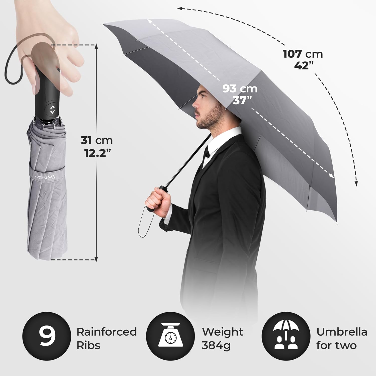 Wilford & Sons Regenschirm Taschenschirm Sturmfest grau