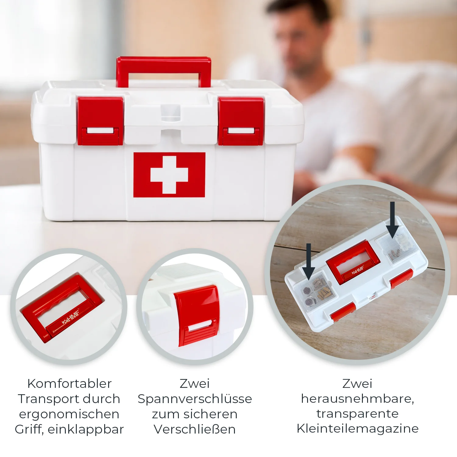 HMF Erste Hilfe Kasten zur Medikamenten Aufbewahrung, Medizinbox leer für Sportverein Betrieb oder Zuhause 37 x 19,5 x 18,5 cm Weiß-Rot