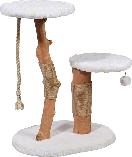 Kratzbaum, Naturholz, Sisal-Seil, weißes Plüsch, hängendes Spielzeug
