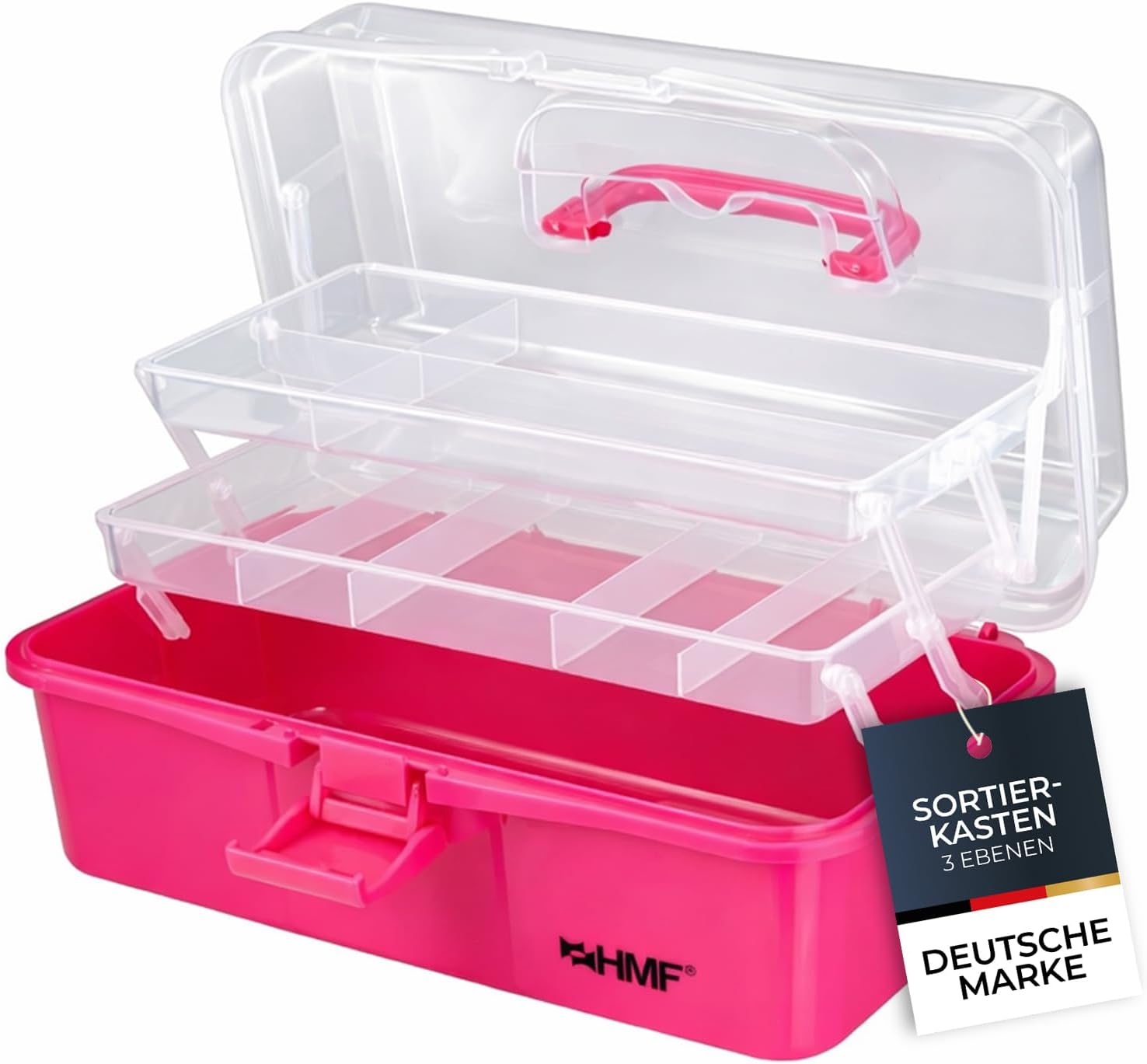 HMF Nähkasten aufklappbar mit 3 Ebenen Sortierbox für Kleinteile 36,5 x 20,5 x 16 cm Pink