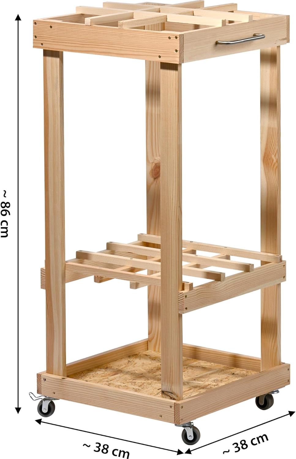 dobar Gartenwerkzeug-Organizer auf Rollen Mobiler Gartengerätehalter aus Holz - Rollbares Gartenwerkzeugregal für Garten Garage und Schuppen 38 x 38 x 86 cm