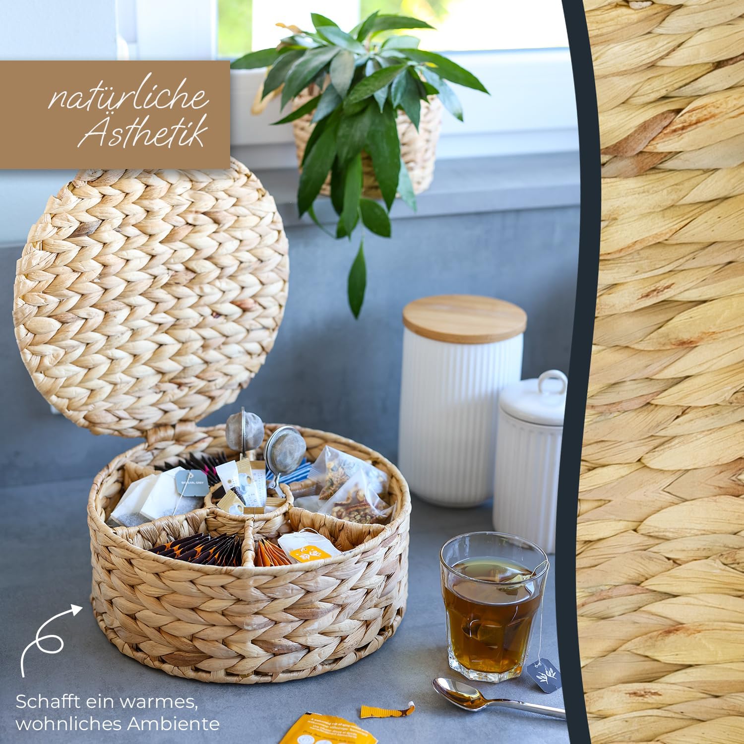 HMF Teebox für Teebeutel geflochten aus Wasserhyazinthe, Tee Aufbewahrungsbox mit 7 großen Fächern 27 x 27 x 11 cm
