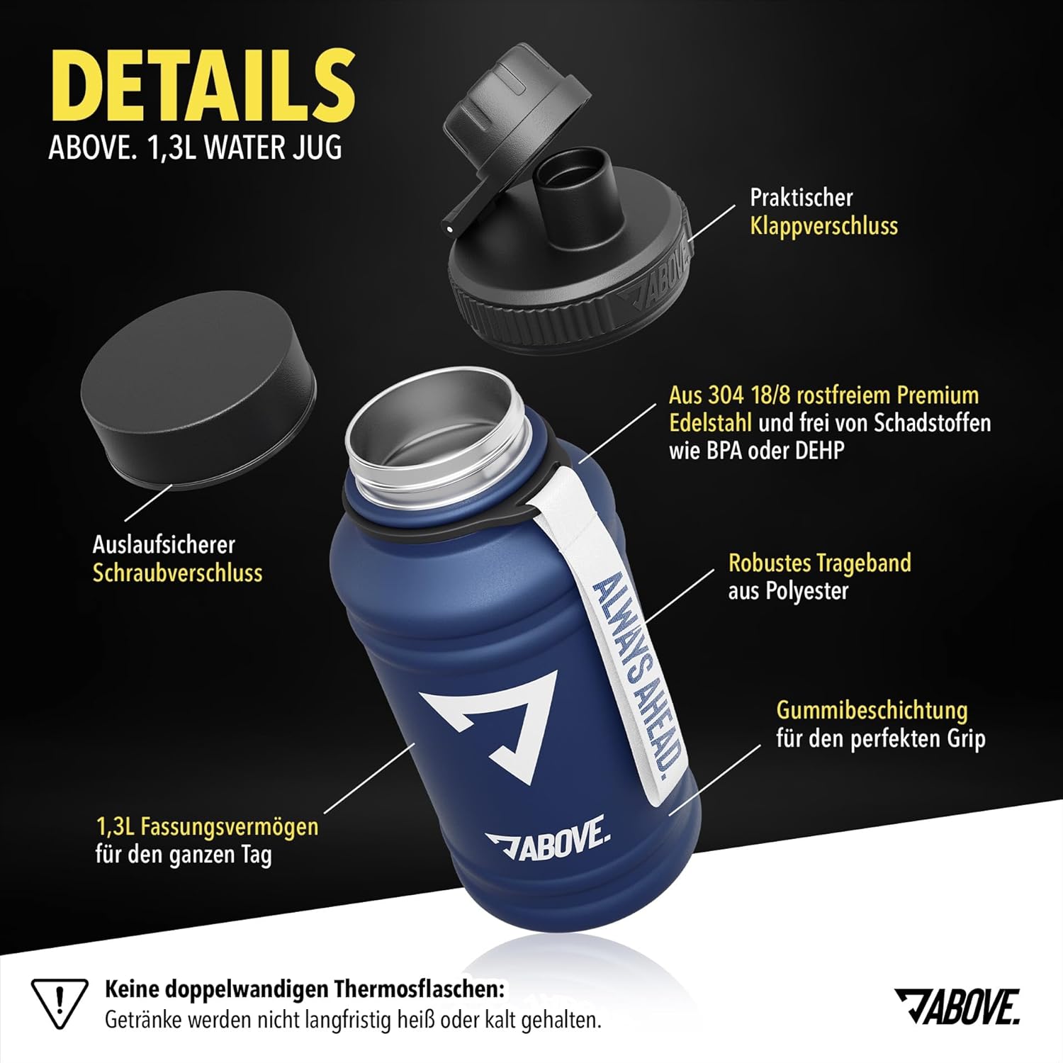 ABOVE Trinkflasche Edelstahl 1,3L blau Fitness Sport Outdoor