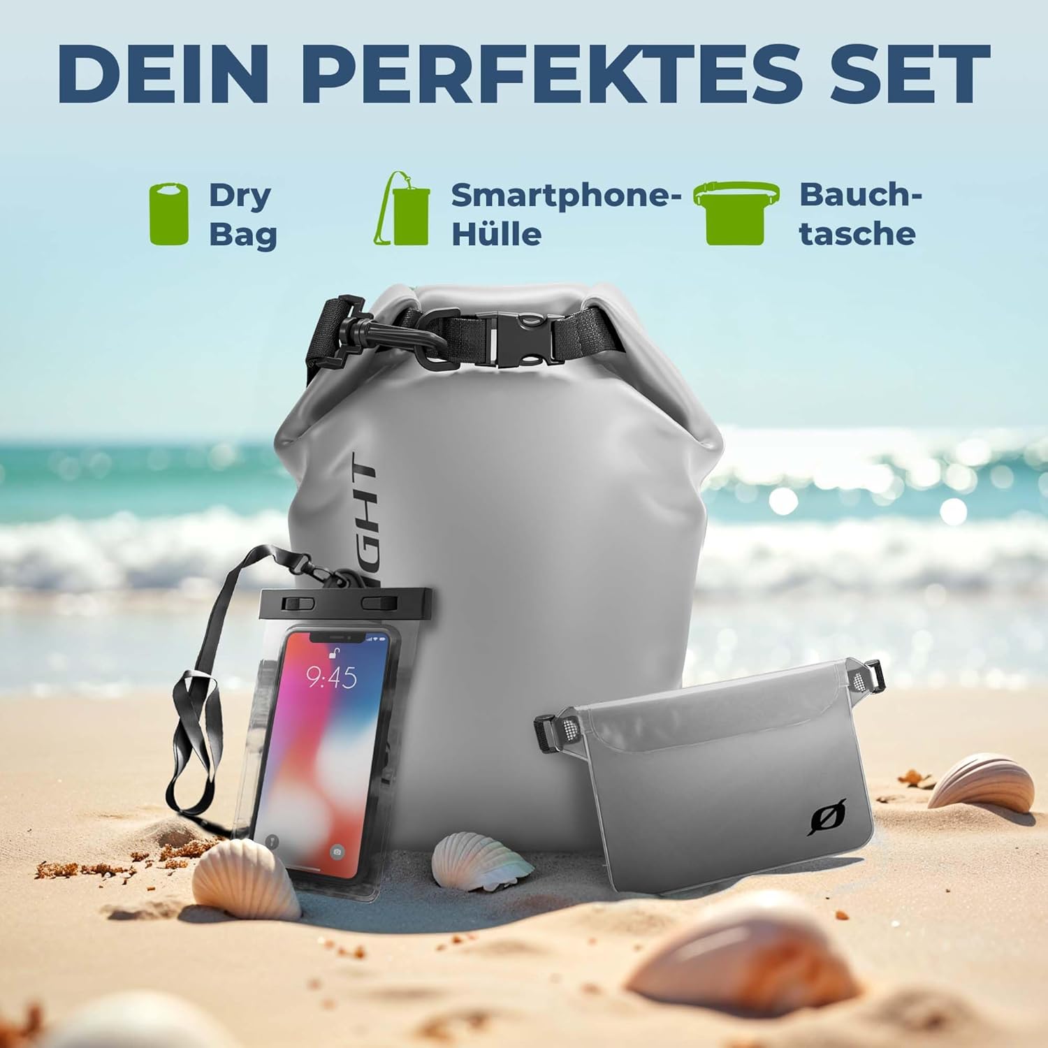 Nordlight 3er Set Wasserdichter Rucksack Dry Bag 10L - Roll Top Rucksack Kurierrucksack grau