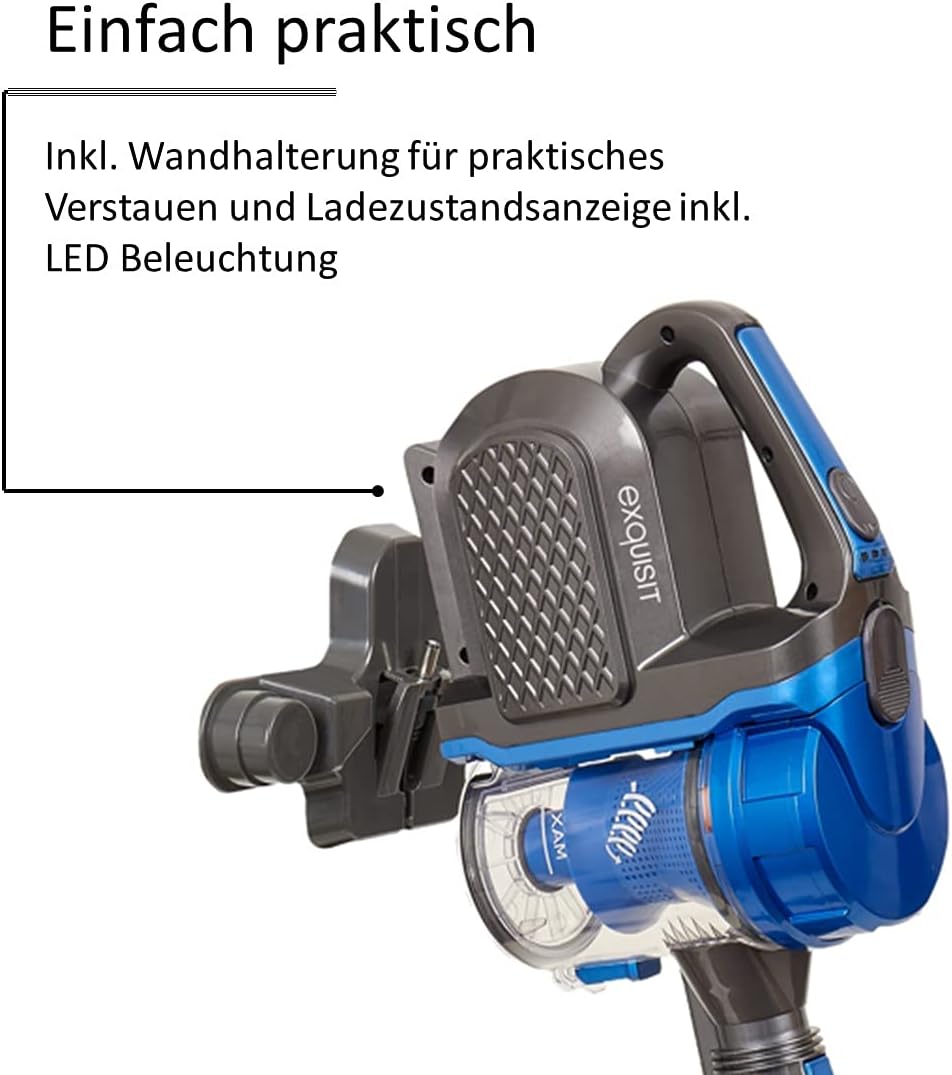 Exquisit BP 6601 BLS Akku-Staubsauger 2in1 kabelloser Staubsauger beutellos bis zu 40 Min. Akkulaufzeit Verschiedene Düsen LED-Beleuchtung 150 W  blau/schwarz 0.8 liters