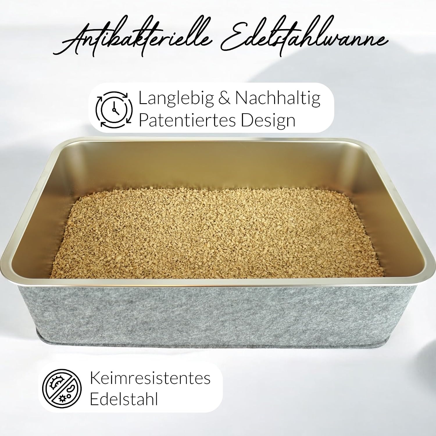 Katzentoilette, Edelstahl, rechteckig, graue Außenhülle, antibakteriell