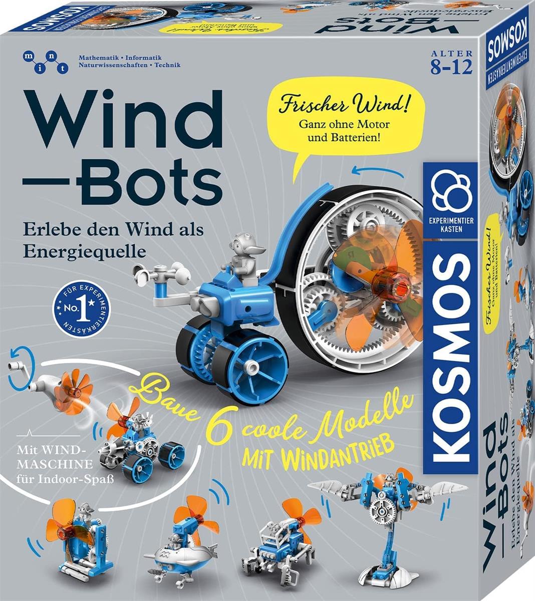 KOSMOS 621056 Wind Bots, Experimentieren mit erneuerbaren Energien für Kinder ab 8 Jahren, Bausatz für 6 verschiedene Roboter-Modelle, Antrieb durch Windkraft, inklusive Windmaschine