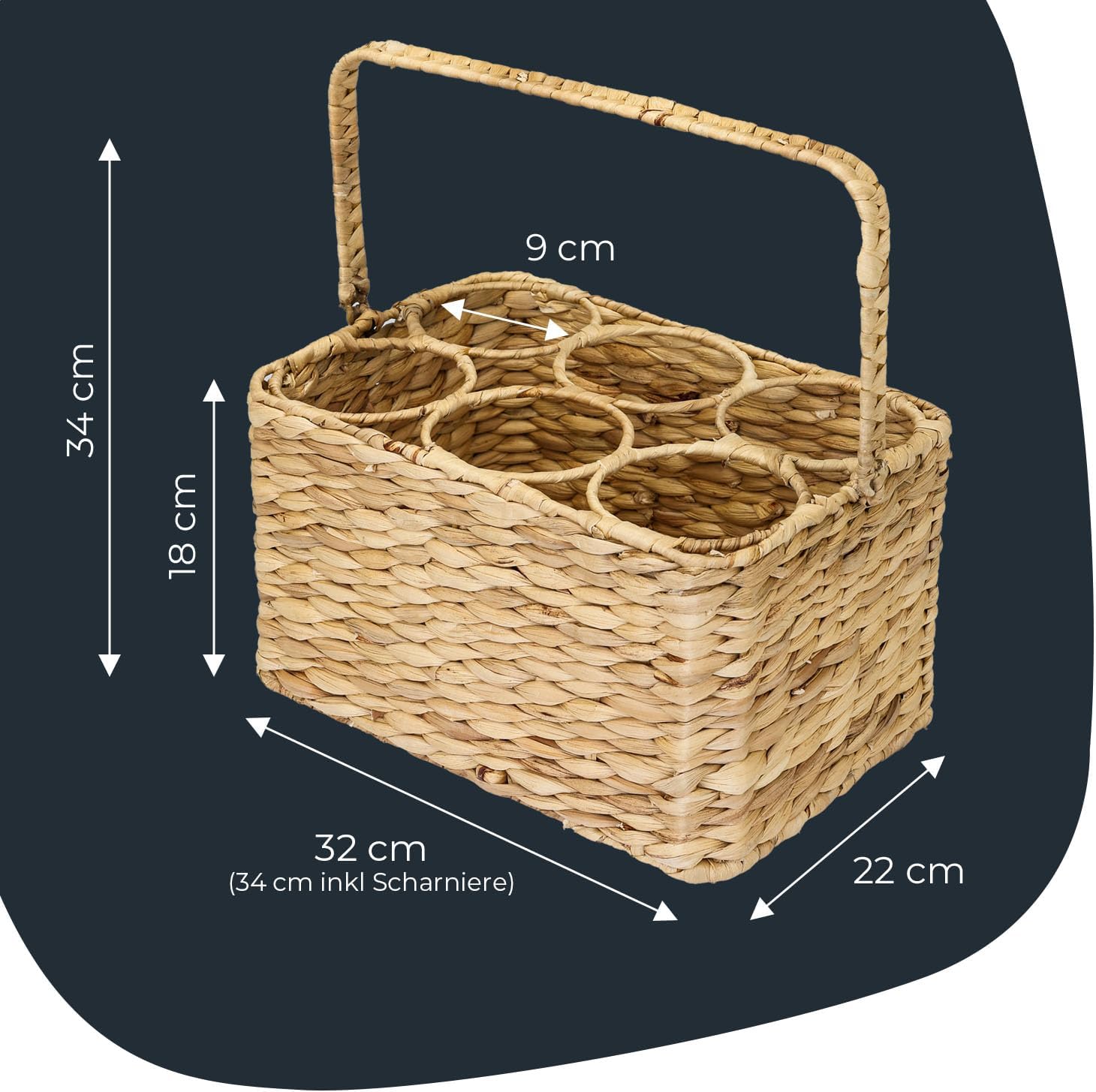 HMF Flaschenträger für 6 Flaschen Flaschenkorb geflochten aus nachhaltiger Wasserhyazinthe 32 x 22 x 18 cm