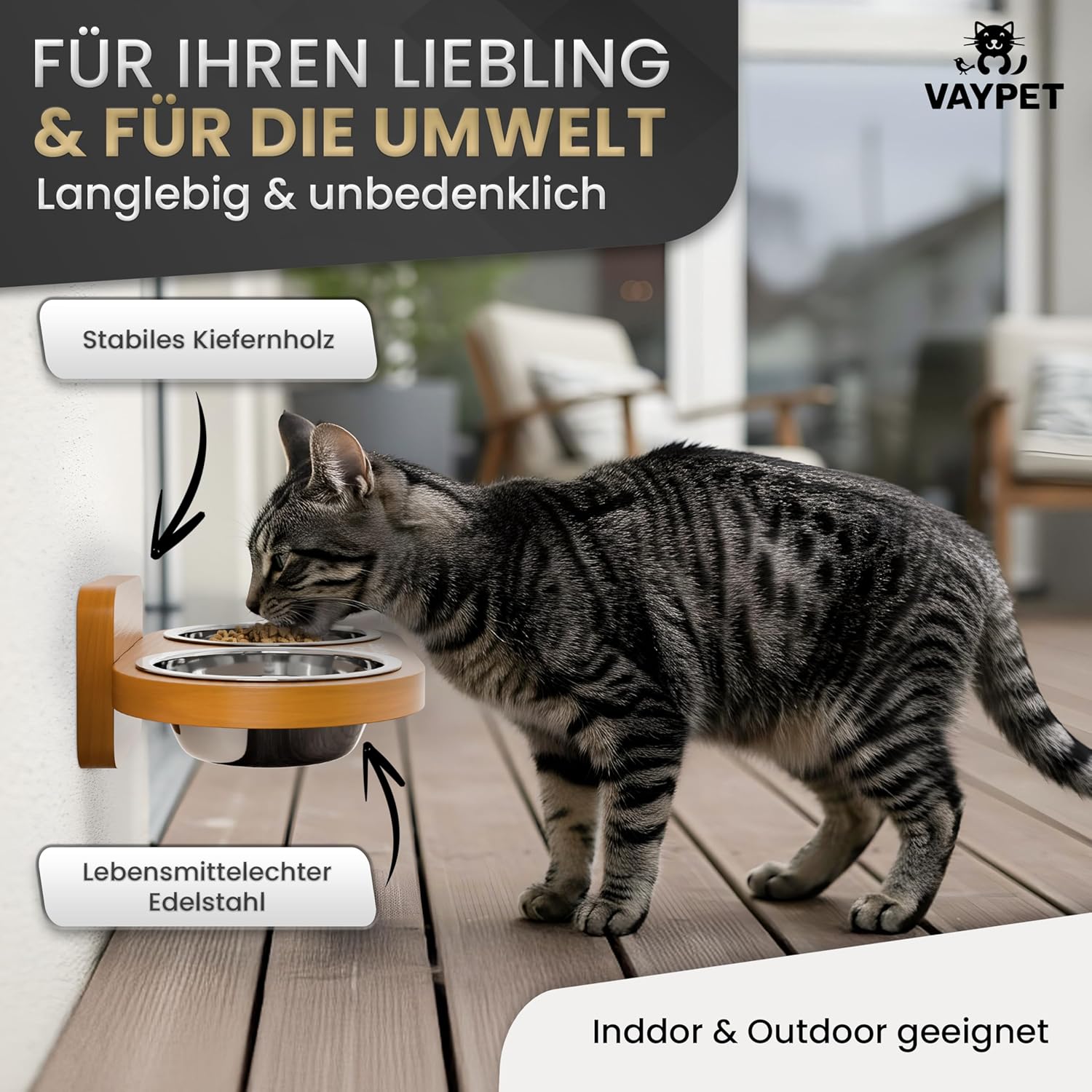 Katzenfutterschüssel, Katzenfutter, Edelstahl, Stabiles Holz, Katzenfutterspender
