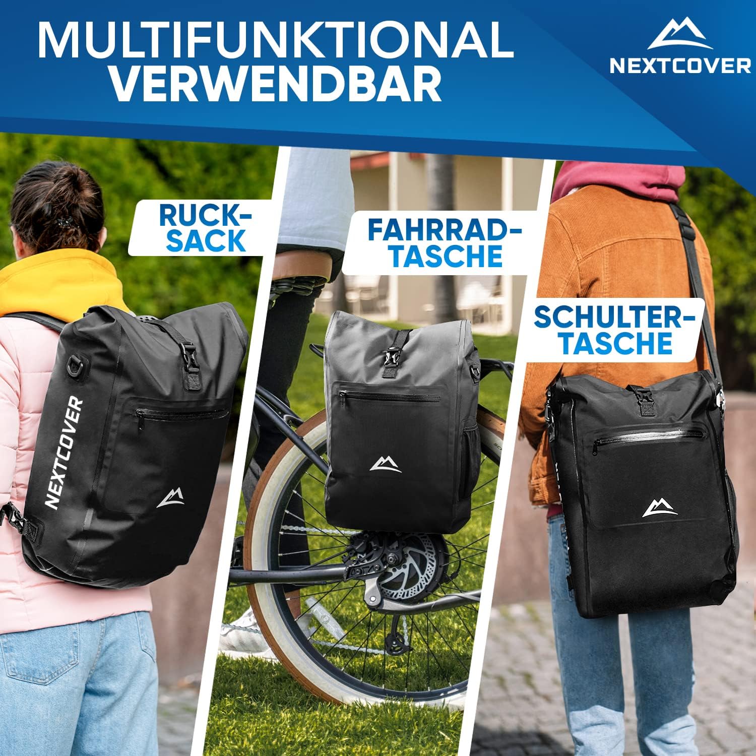 NEXTCOVER 3in1 Fahrradtasche für Gepäckträger schwarz Gepäckträgertasche Umhängetasche Rucksack