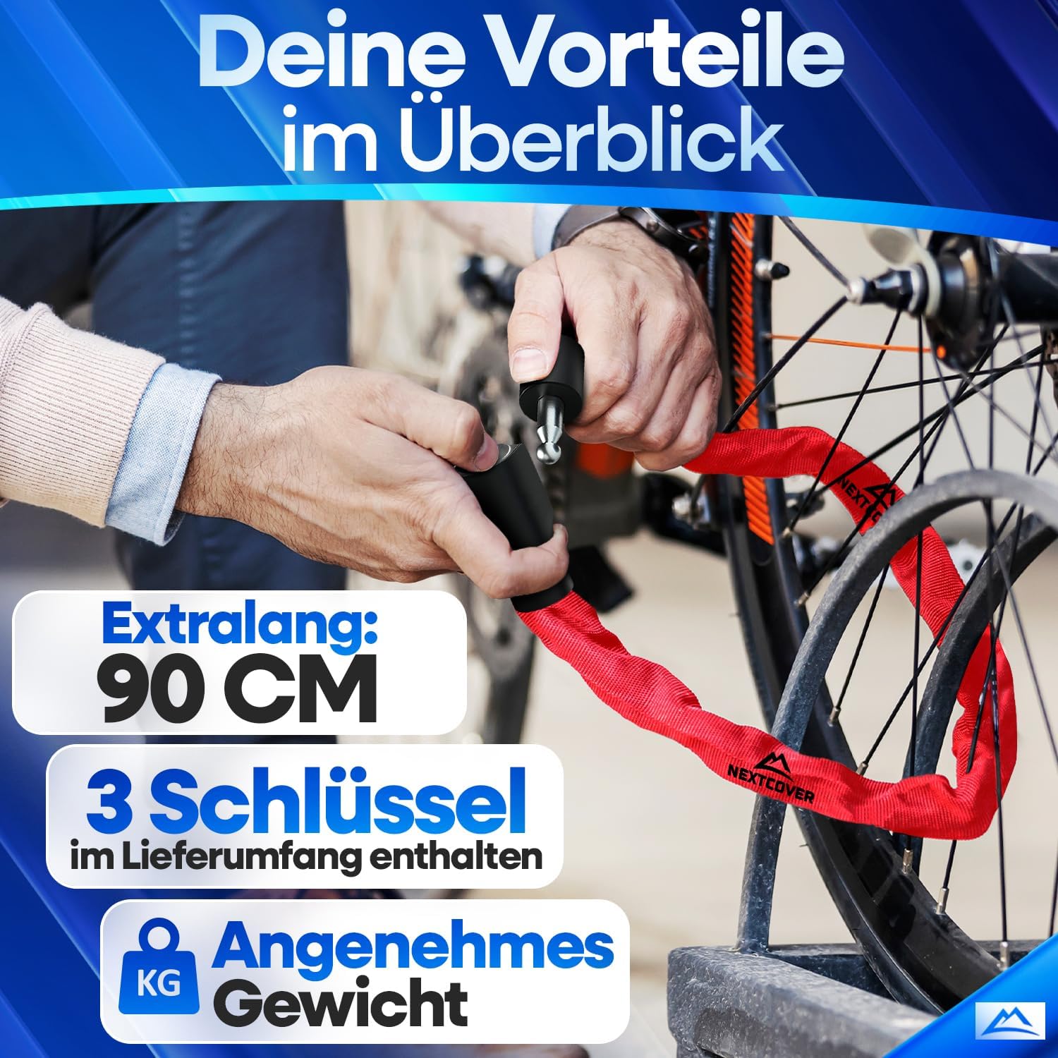 NEXTCOVER Fahrradschloss LockOne mit Schlüssel - SAFESECURE Fahrradschloss hohe Sicherheit I robustes & langlebiges Kettenschloss Fahrrad Bike Lock Fahrrad Schloss 3 Schlüssel