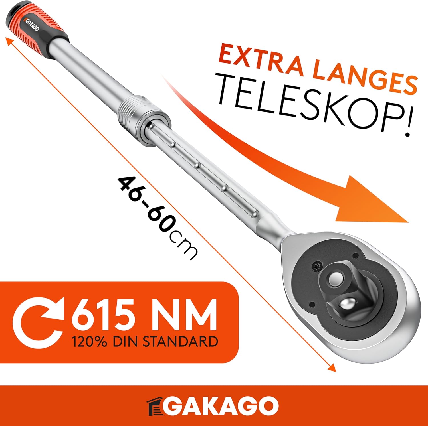Gakago Teleskop-Ratsche 1/2 Zoll bis zu 60cm - Extra lange umschaltbare Knarre mit ergonomischen Griff - Überlegende Kraft mit über 615 Nm und präzisen 72 Feinzahn Getriebe