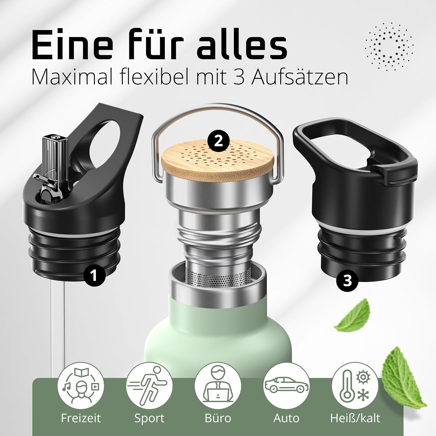 BeMaxx Trinkflasche Edelstahl ACTIVE FLASK sage Bamboo-Verschluss 530l
