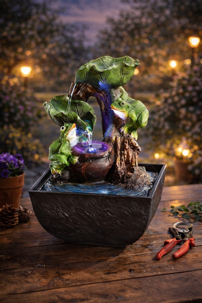 Deko-Brunnen, Kunstpflanze, Froschfiguren, Mini-Wasserfall, Blumentrog
