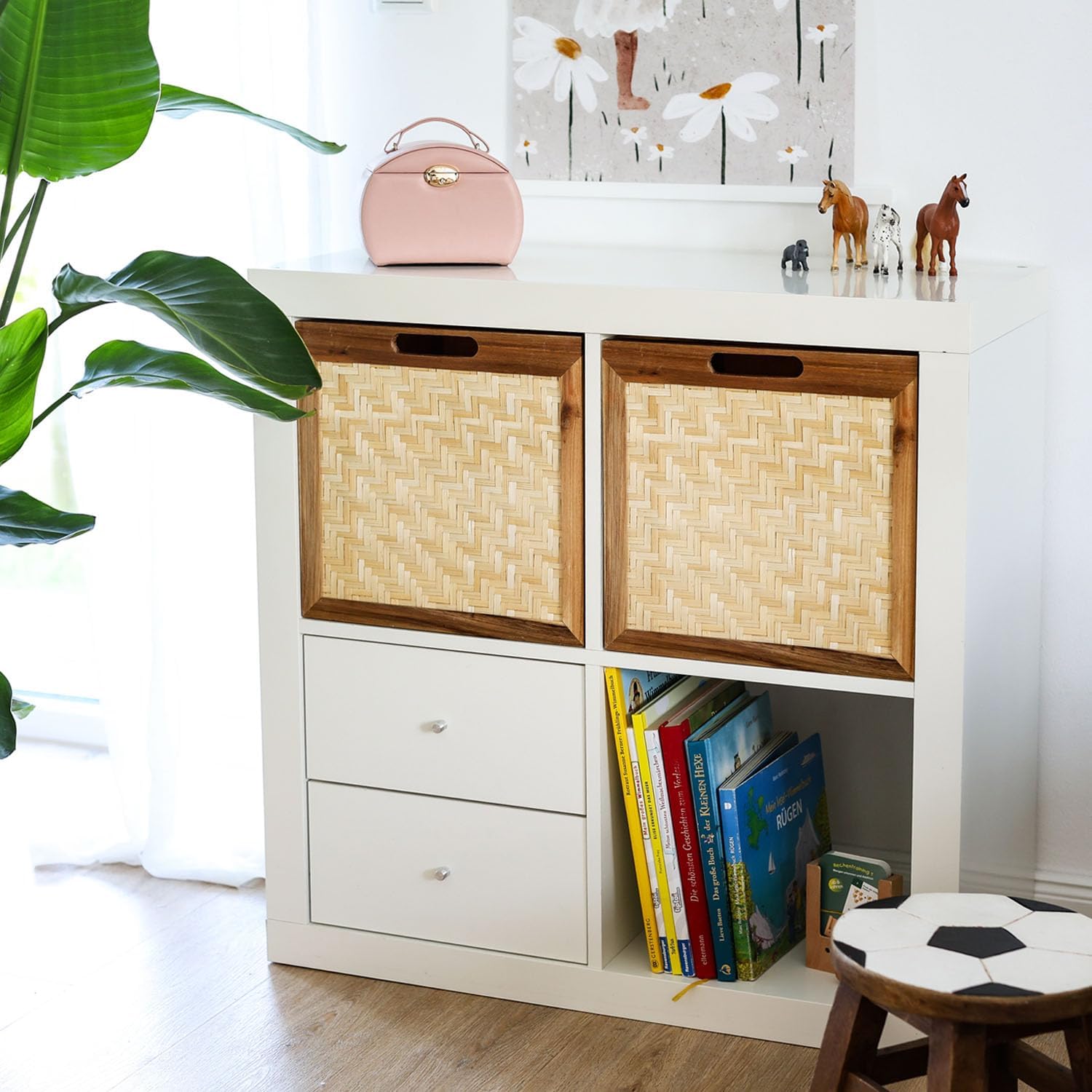 HMF Aufbewahrungskorb passend für Kallax Regale Korb aus Rattan mit Wiener Geflecht und Akazienholz 32 x 34 x 32 cm