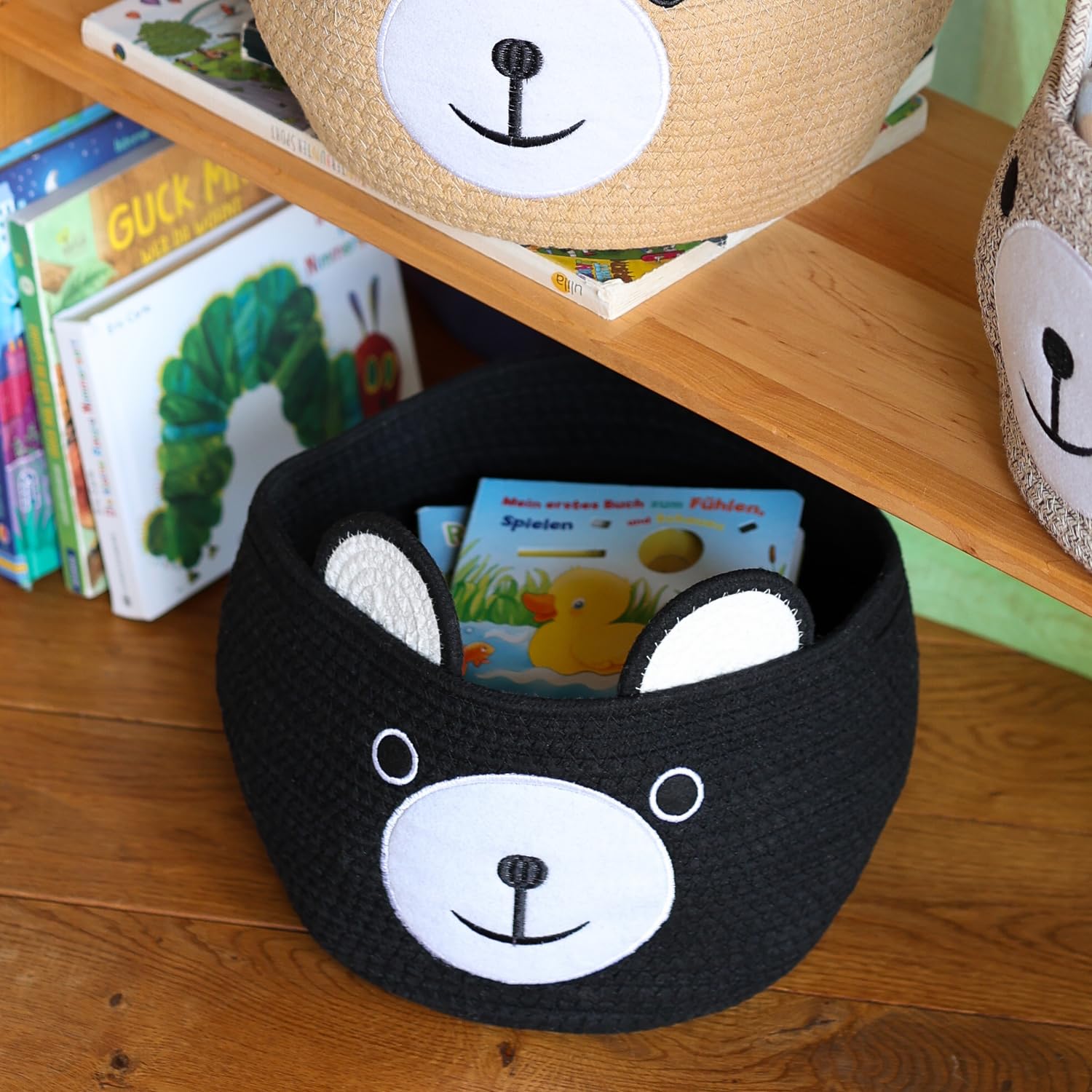 HMF Aufbewahrungskorb mit versteckten Griffen Korb für Kinderzimmer aus Baumwolle Bär 30 x 24 cm Schwarz