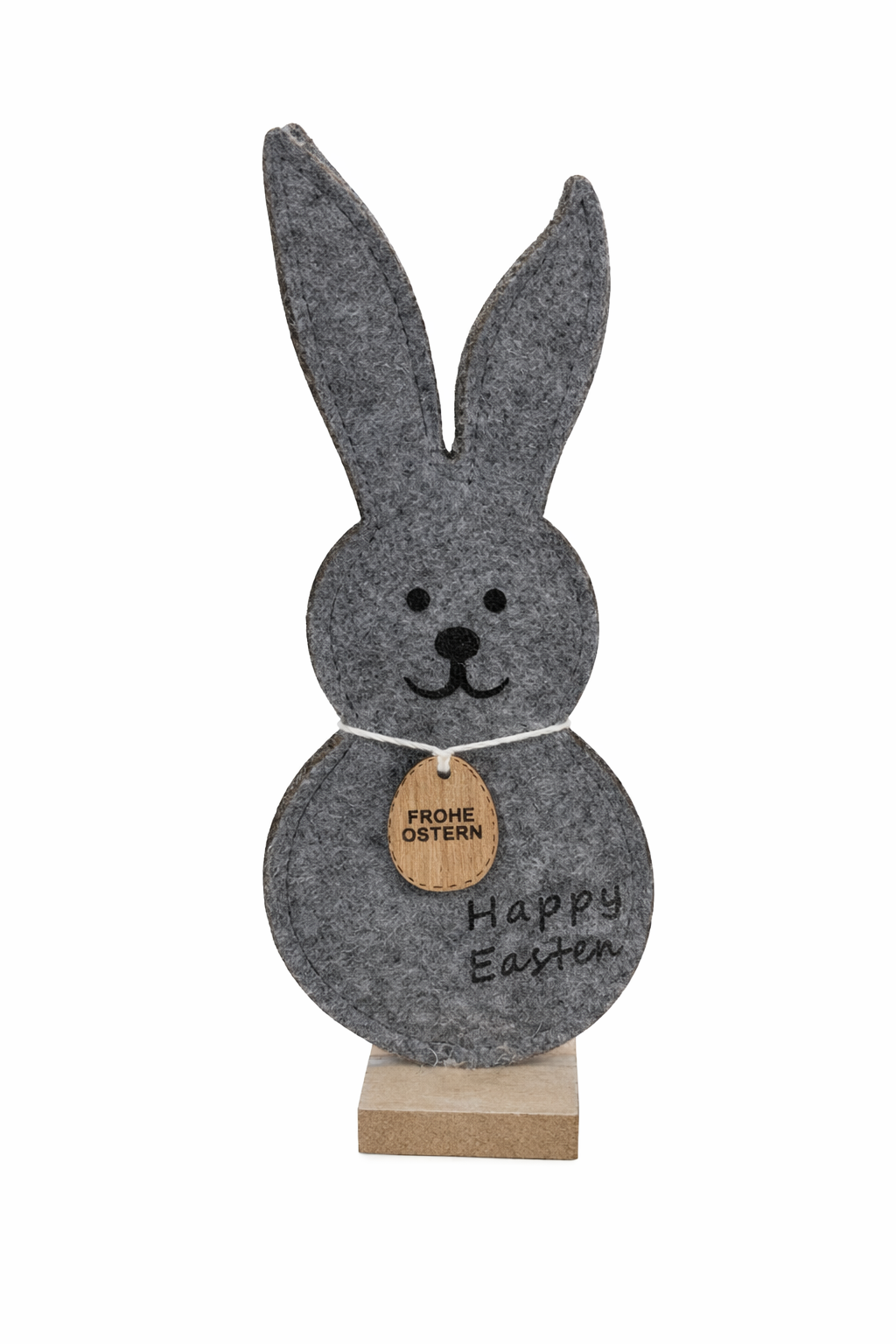 Dekofigur Hase grau mit Anhänger Frohe Ostern Osterhase Tischdeko