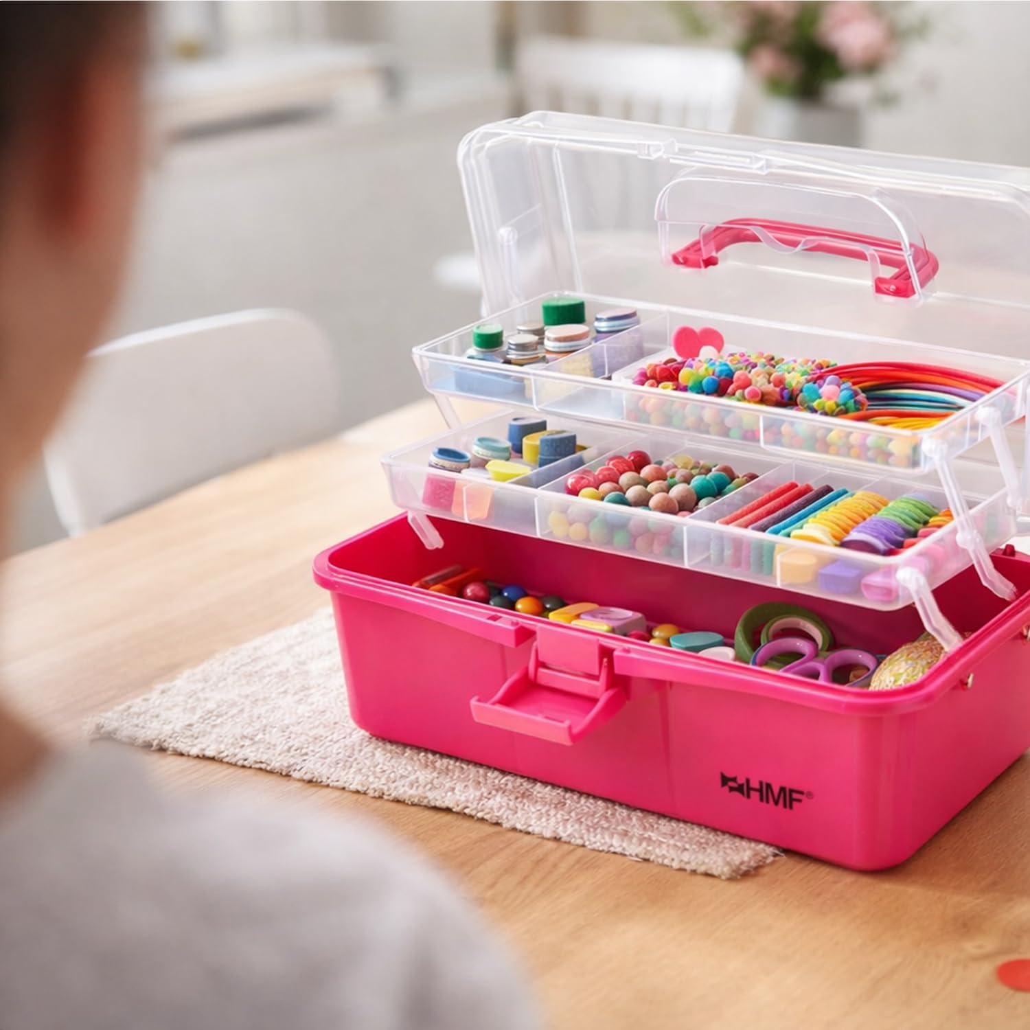 HMF Nähkasten aufklappbar mit 3 Ebenen Sortierbox für Kleinteile 36,5 x 20,5 x 16 cm Pink