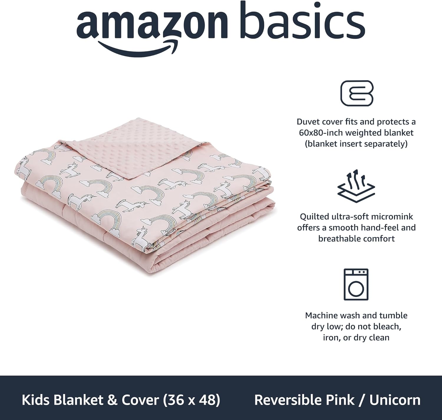 Amazon Basics Baumwoll-Gewichtsdecke für Kinder mit umkehrbarer Mikrovisionsabdeckung 5 lbs 36 x 48 Zoll umkehrbar pink/einhorn