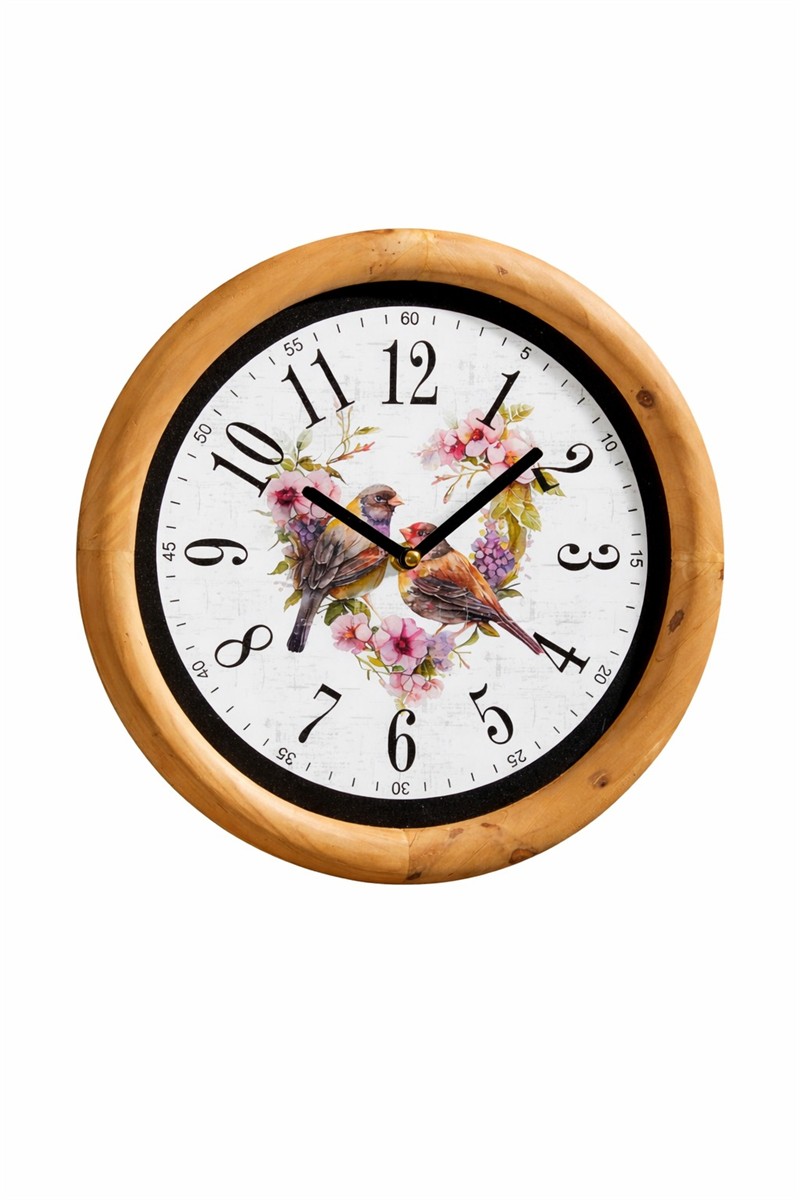 wanduhr, holzrahmen, vögel, blumenmuster, analoge uhr