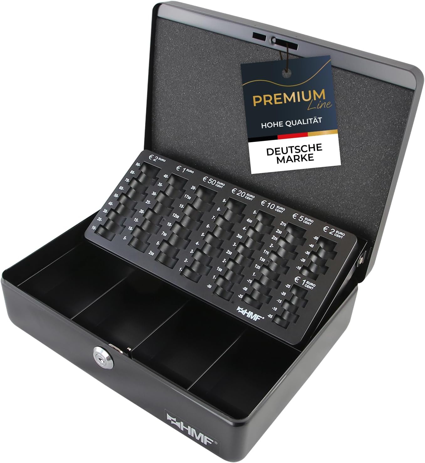 HMF Geldkassette abschließbar mit Münzzählbrett 30 x 24 x 9 cm Schwarz 2212