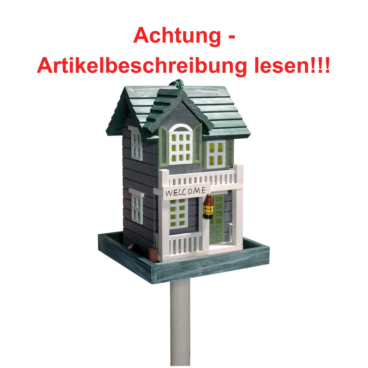 dobar Buntes Vogelfutterhaus "Welcome" - Vogelhaus inklusive Ständer Western Style - Kleine Vogelvilla aus Holz - Vogelfutterstation mit Futtersilo - 18 x 18 x 123 cm - Grün #211