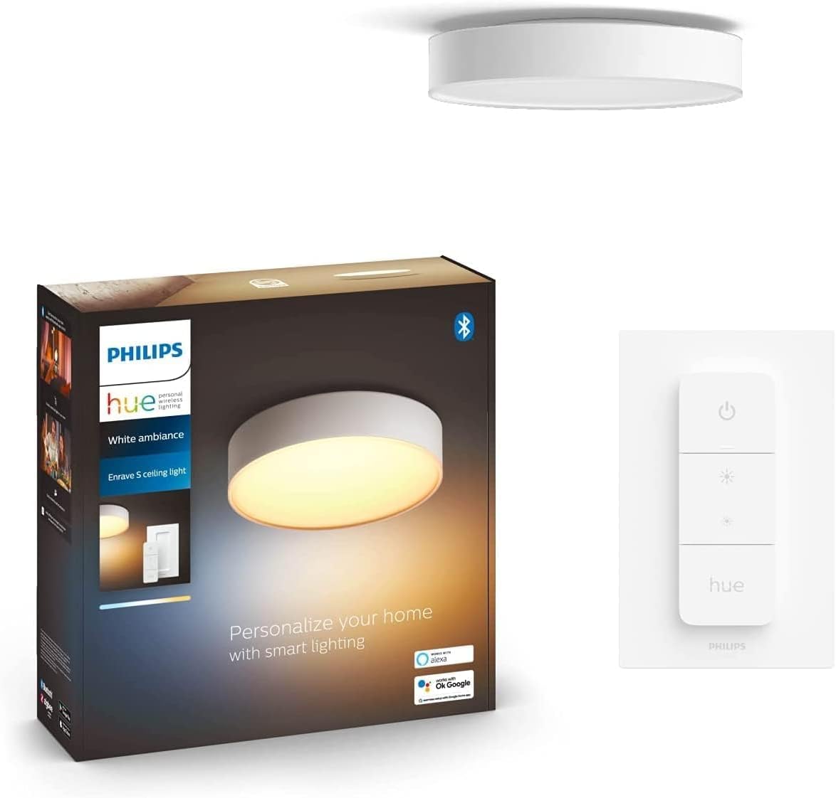 Philips Hue White Ambiance Enrave Deckenleuchte XL (6.100 lm) inkl. Dimmschalter dimmbare Deckenlampe für das Hue Lichtsystem mit allen Weißtönen smarte Lichtsteuerung über Sprache und App weiß