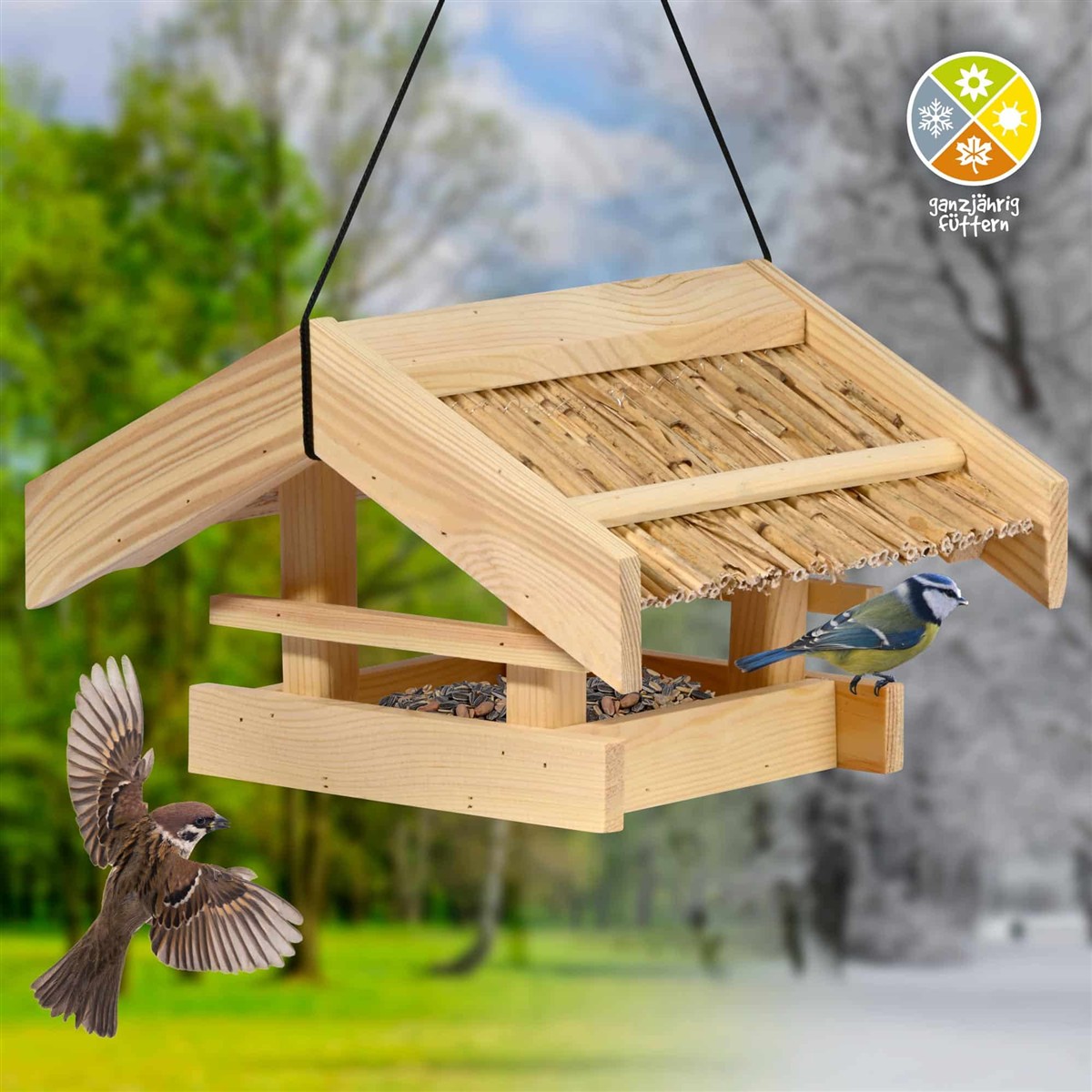Vogelfutterhaus, Vogelfutterspender, Holz, Futterplatte, Vogelfütterung