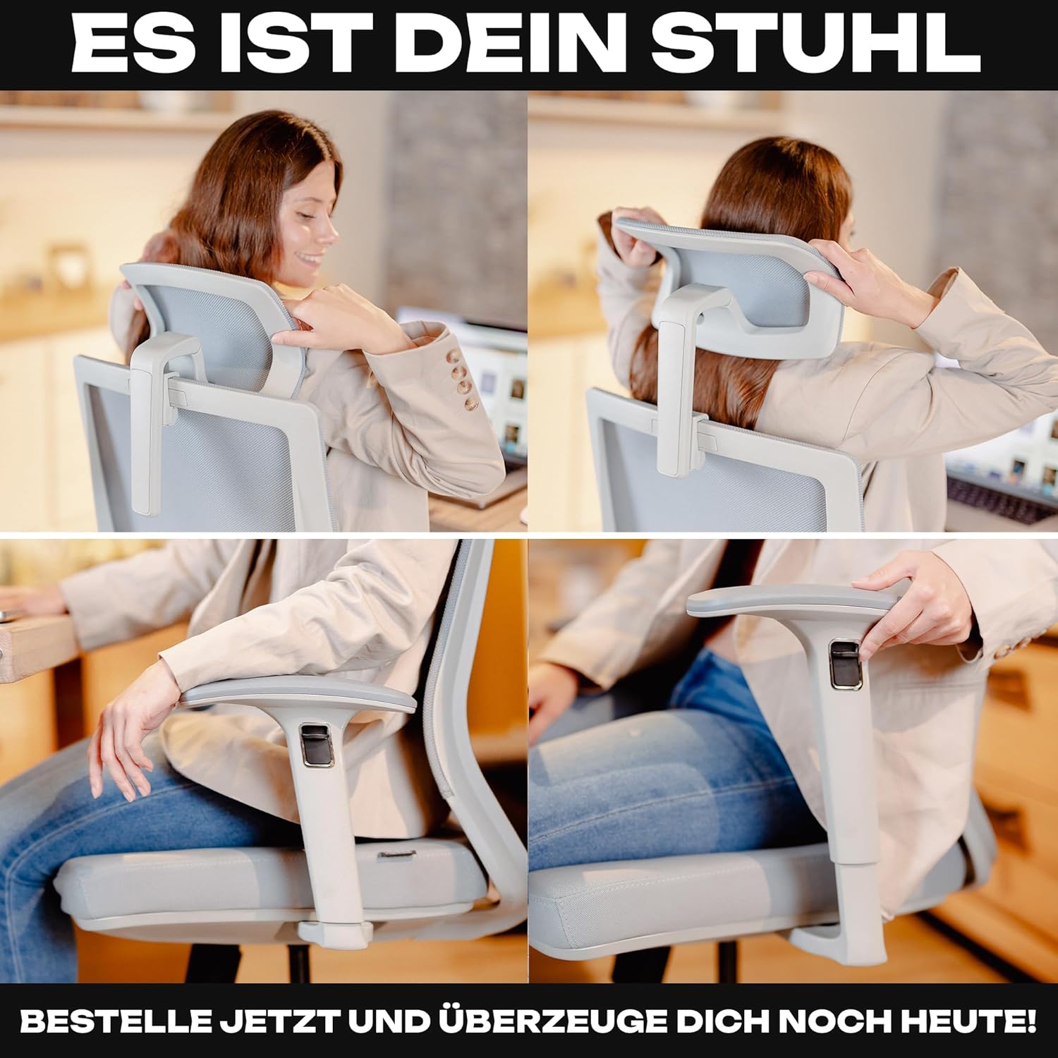 VALKENSTOL M2 Ergonomischer Bürostuhl 150 kg Schreibtischstuhl mit Kopfstütze grau