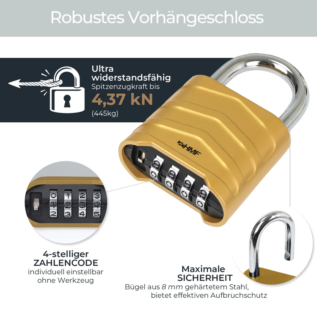 HMF Zahlenschloss Vorhängeschloss robustes Schloss mit 4-stelligem Zahlencode aus Aluminiumlegierung 5,6 x 2,6 x 8,7 cm Gold