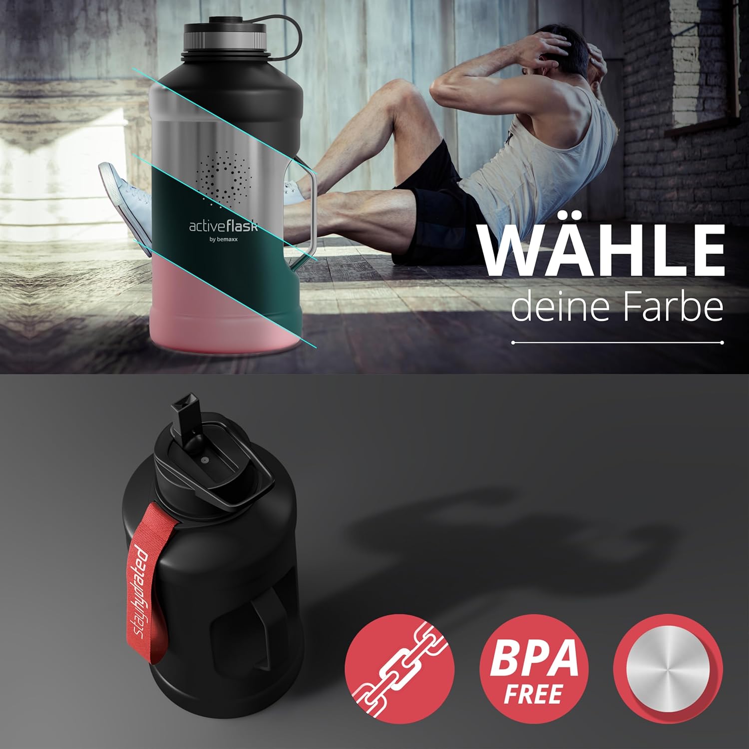 BeMaxx Trinkflasche Edelstahl ACTIVE FLASK BIG 2,2L schwarz