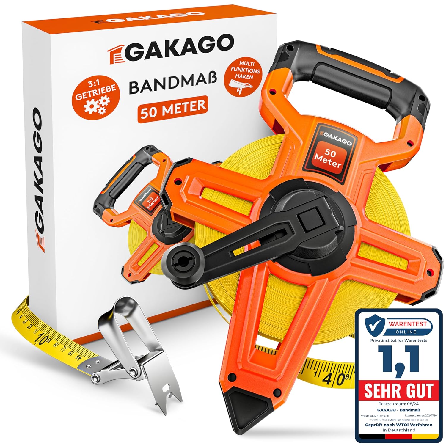 Gakago Bandmaß 50m - 3-fach übersetztes Rollmaßband Maßband Masbandrolle