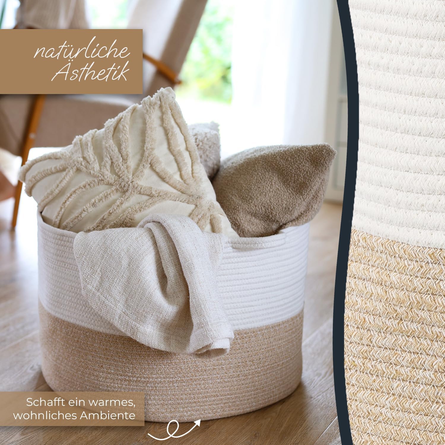 HMF XXL Wäschekorb aus Baumwolle runder Aufbewahrungskorb mit Griffen 55 x 35 cm Weiß-Braun