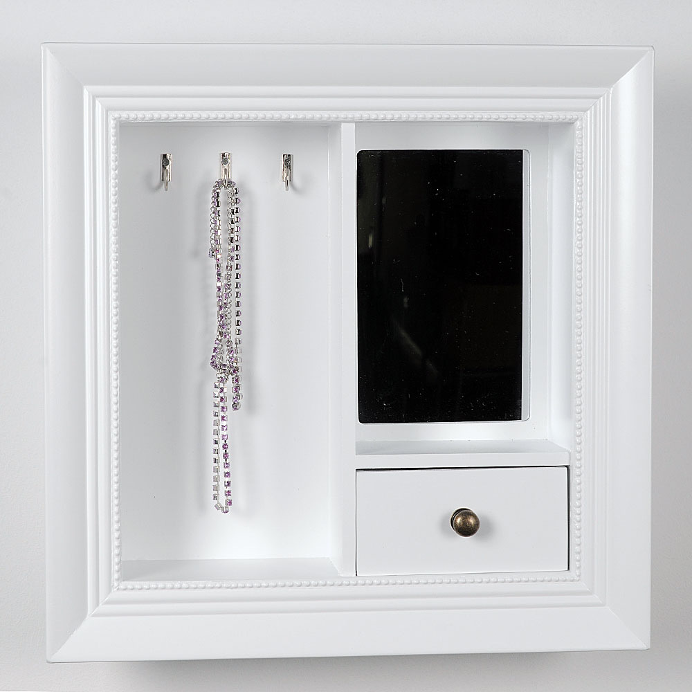 Wandkonsole für Schmuck in weiß 40 x 40 cm, mit Schublade und Spiegel