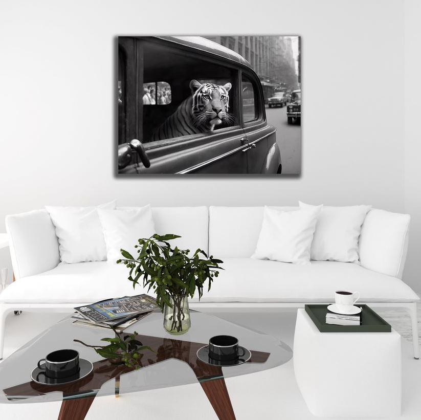 Wandbild Tiger im Auto sw 30x40cm HDF