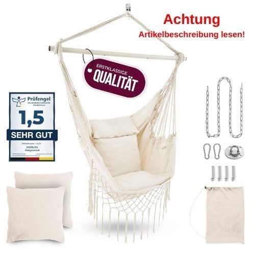 Hängesessel, Baumwolle, Cremeweiß, Sitzkissen, Aufhängeset