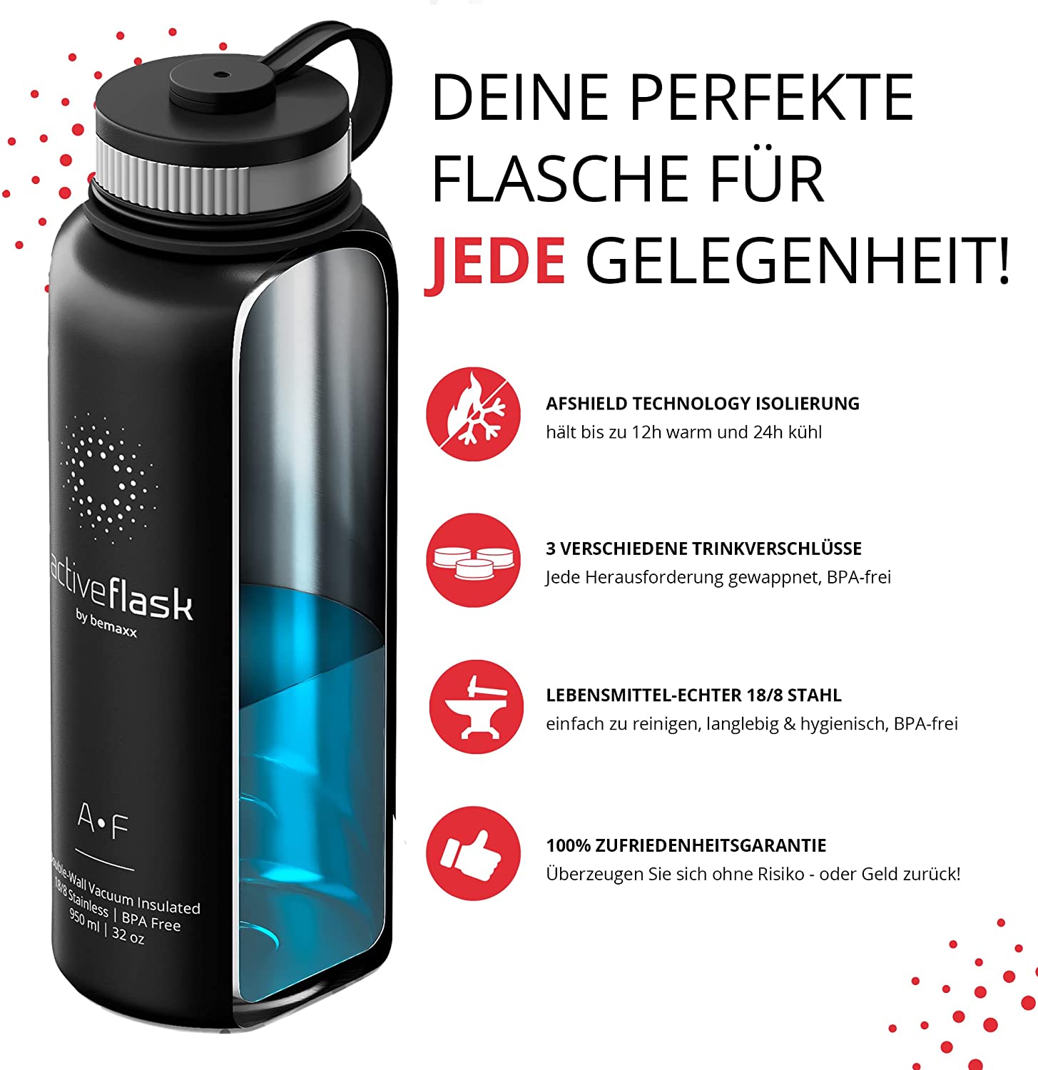 BeMaxx Trinkflasche Edelstahl ACTIVE FLASK schwarz 530ml