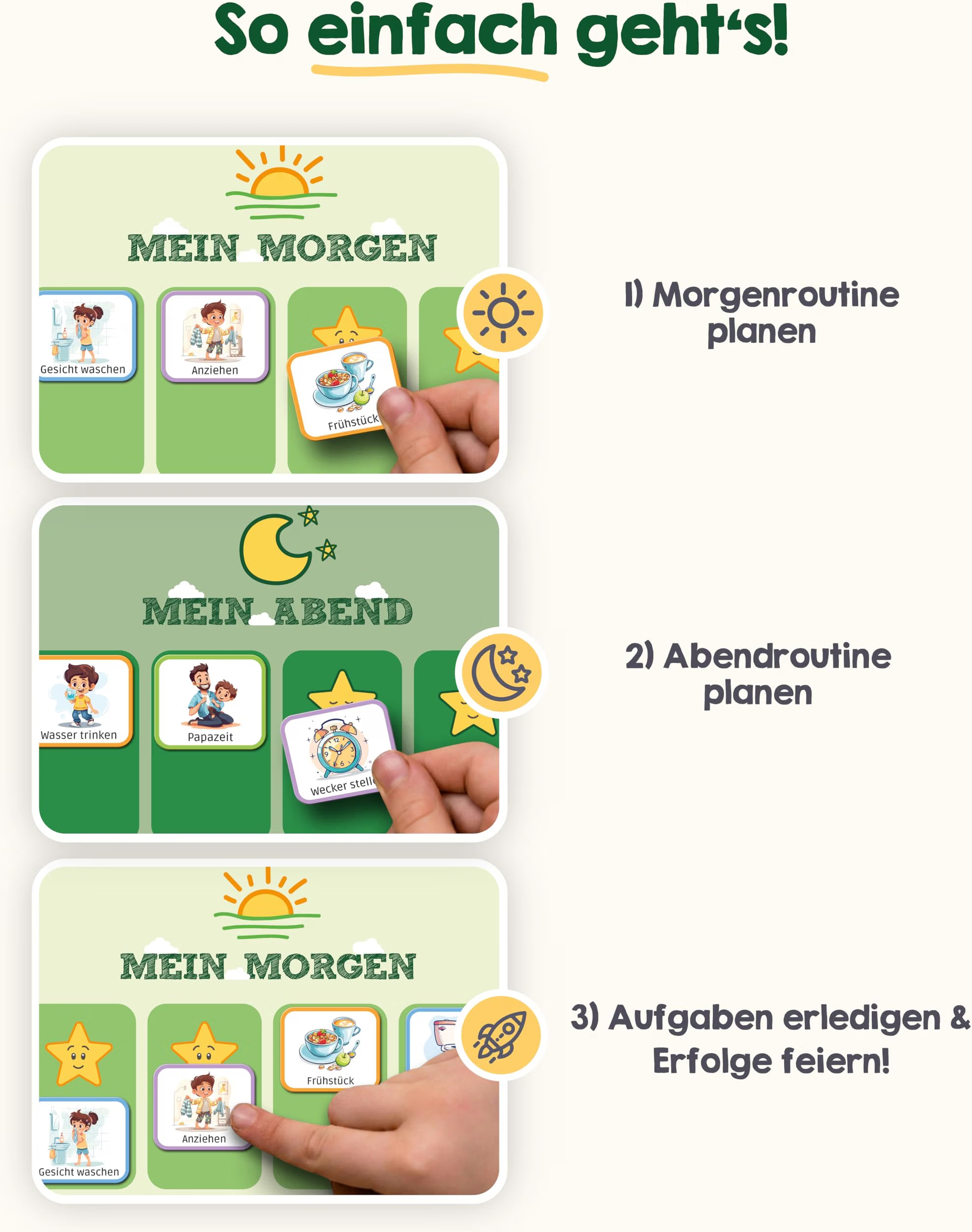 morgenroutine, tagesplan, frühstück, kartenset, kinderspiel