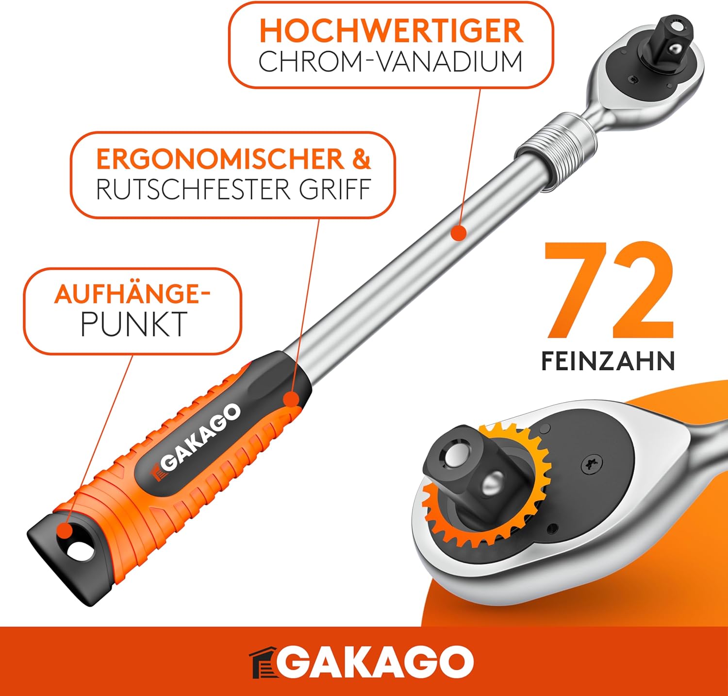 Gakago Teleskop-Ratsche 1/2 Zoll bis zu 60cm - Extra lange umschaltbare Knarre mit ergonomischen Griff - Überlegende Kraft mit über 615 Nm und präzisen 72 Feinzahn Getriebe
